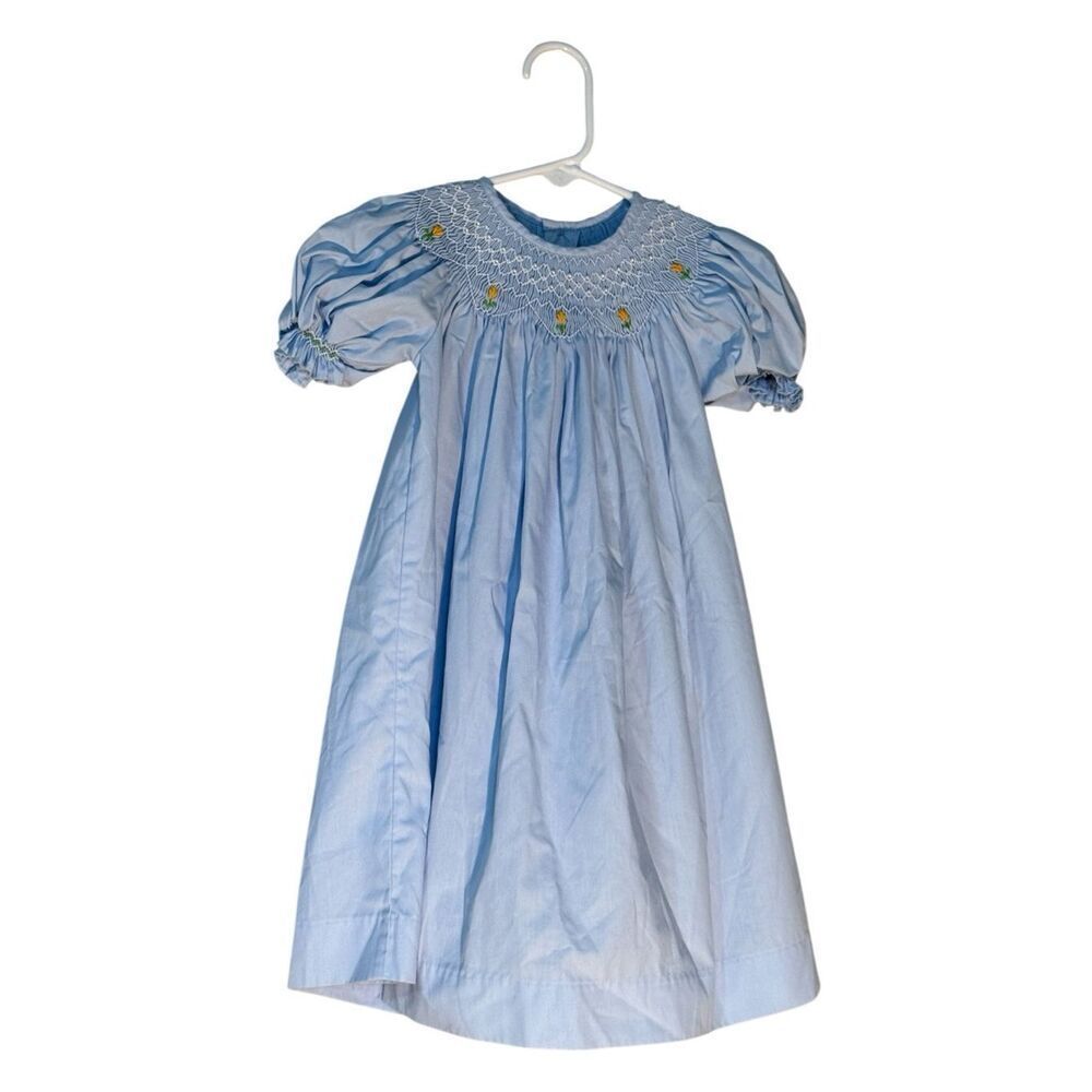 Mom & Me Girls 12Mo Long Gown Light Blue Bishop Smocked Traditional Heirloom
